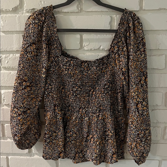 Madewell Black and Mustard Smocked Floral Peplum Top - Picture 4 of 7
